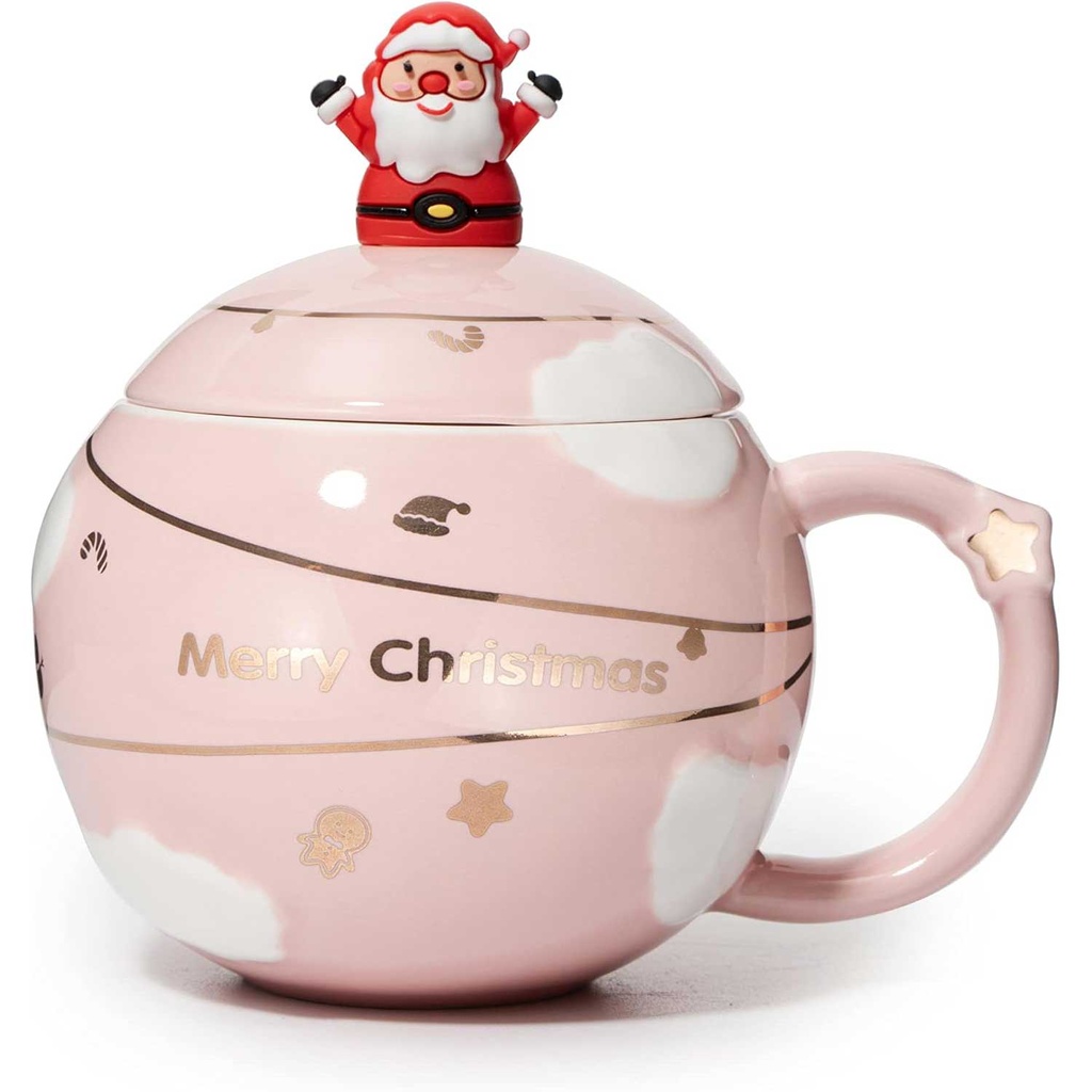 360 HOME CHRISTMAS MUG CERAMIC 301-400ML ROUND PINK SANTA FIGURINE+LID+SPOON