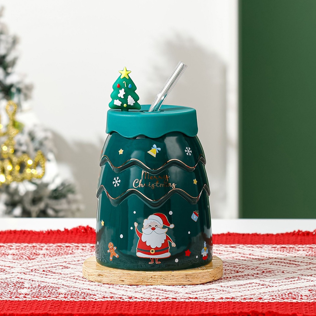 360 HOME CHRISTMAS MUG CERAMIC 301-400ML GREEN +LID+STRAW
