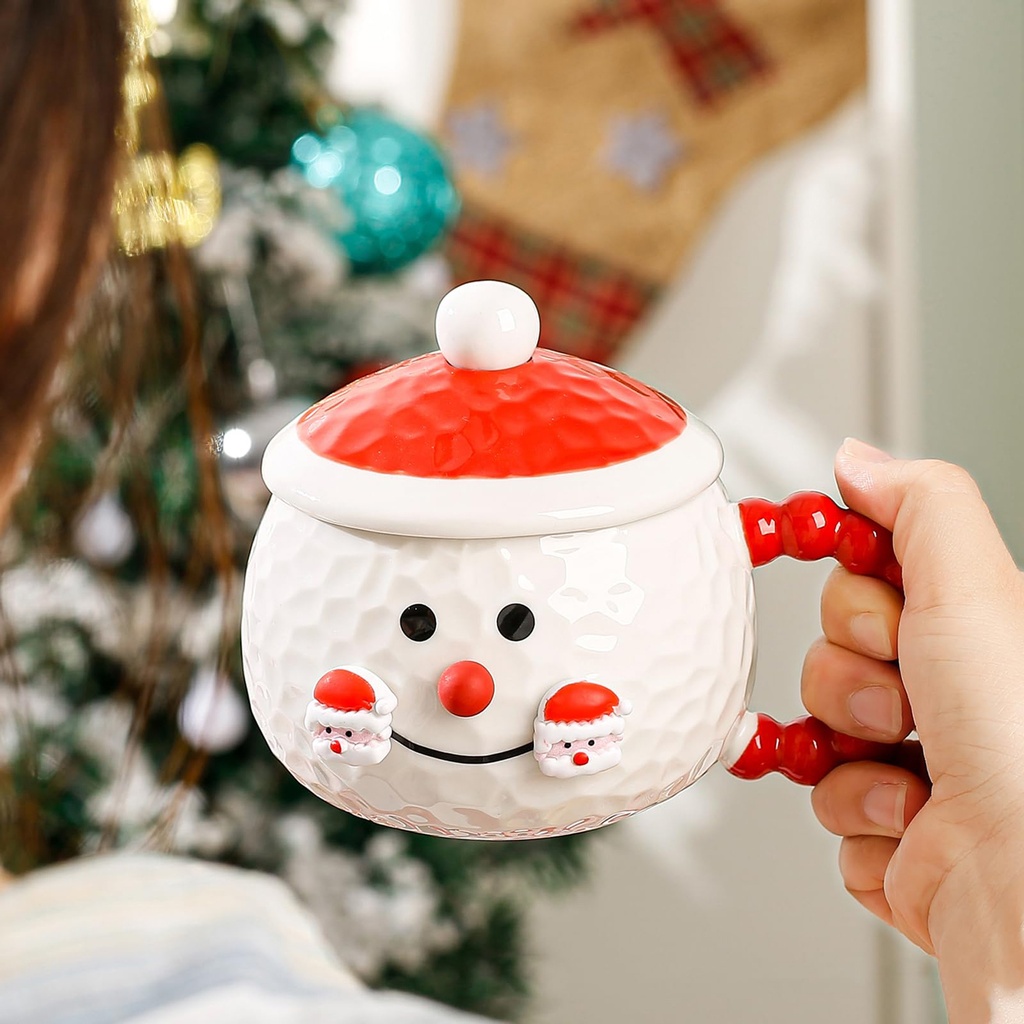 360 HOME CHRISTMAS MUG CERAMIC 4001-500ML SNOWMAN +RED HANDLE+LID+SPOON