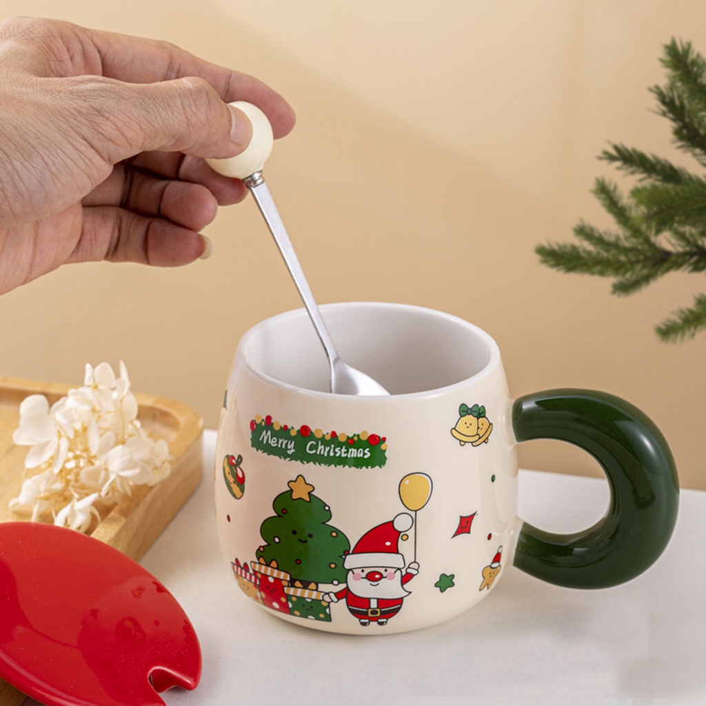360 HOME CHRISTMAS MUG CERAMIC401-500ML GREEN HANDLE+LID+SPOON