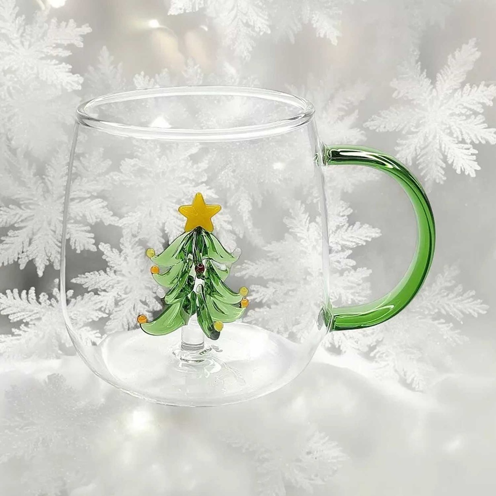 360 HOME CHRISTMAS MUG GLASS 301-400ML 3D INSIDE GREEN TREE DESIGN