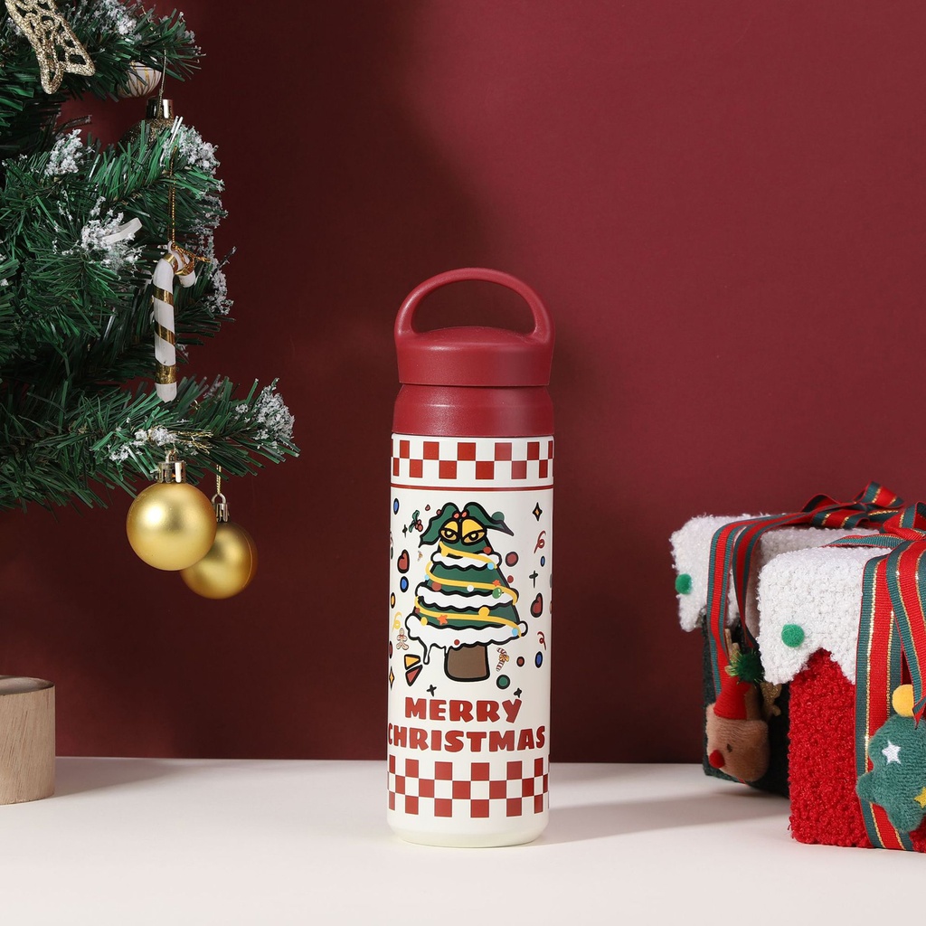 360 HOME CHRISTMAS THERMOS STAINLESS STEEL 500ML RED EASY HANDLED LID