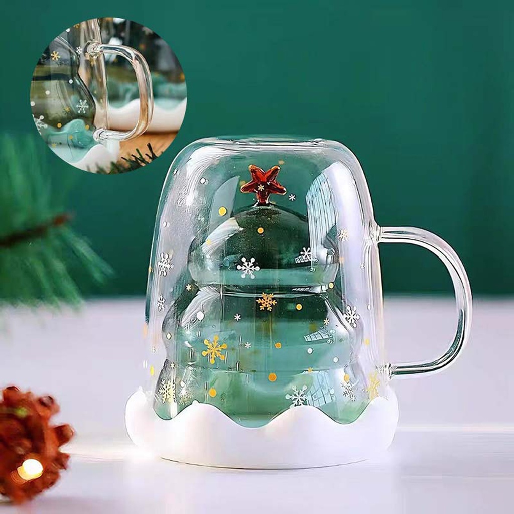 360 HOME CHRISTMAS MUG  GREEN WITH LID301-400ML DOUBLE WALL GLASS TREE SHAPED  WITH STAR ON TOP