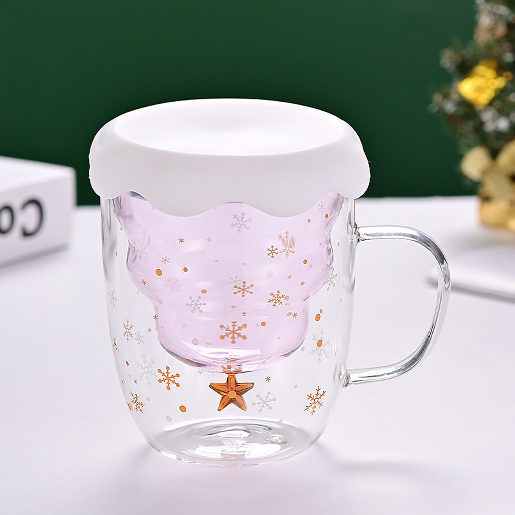360 HOME CHRISTMAS MUG  PINK WITH LID301-400ML DOUBLE WALL GLASS TREE SHAPED  WITH STAR ON TOP
