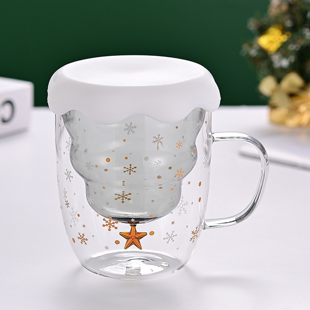 360 HOME CHRISTMAS MUG  GREY WITH LID301-400ML DOUBLE WALL GLASS TREE SHAPED  WITH STAR ON TOP