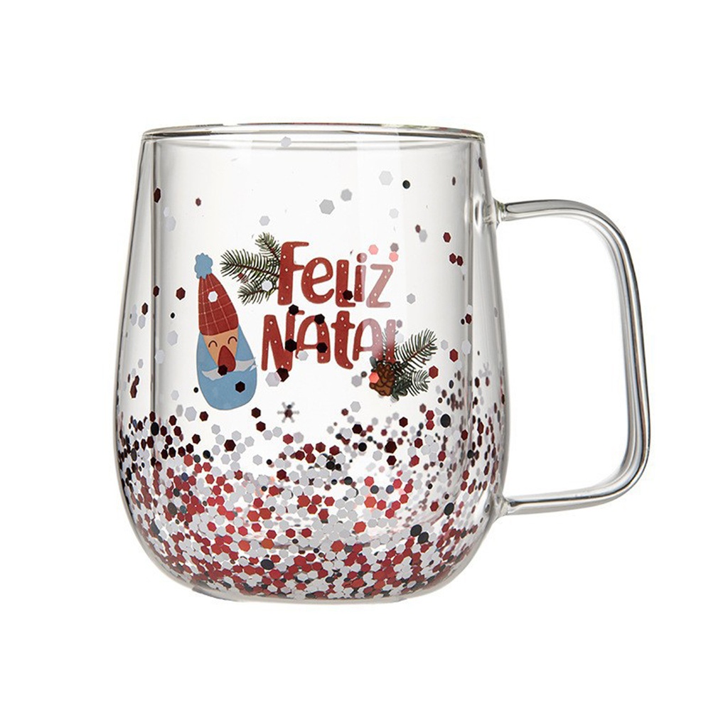 360 HOME CHRISTMAS GLASS MUG DOUBLE WALLED WITH HANDLE 350ML +SPARKLING GLITTER