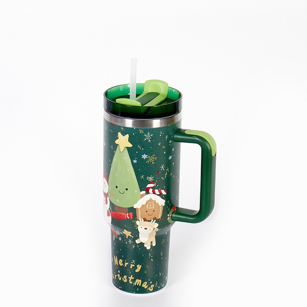 360 HOME CHRISTMAS MUG 1200ML SECURE LID+STRAW GREEN 
