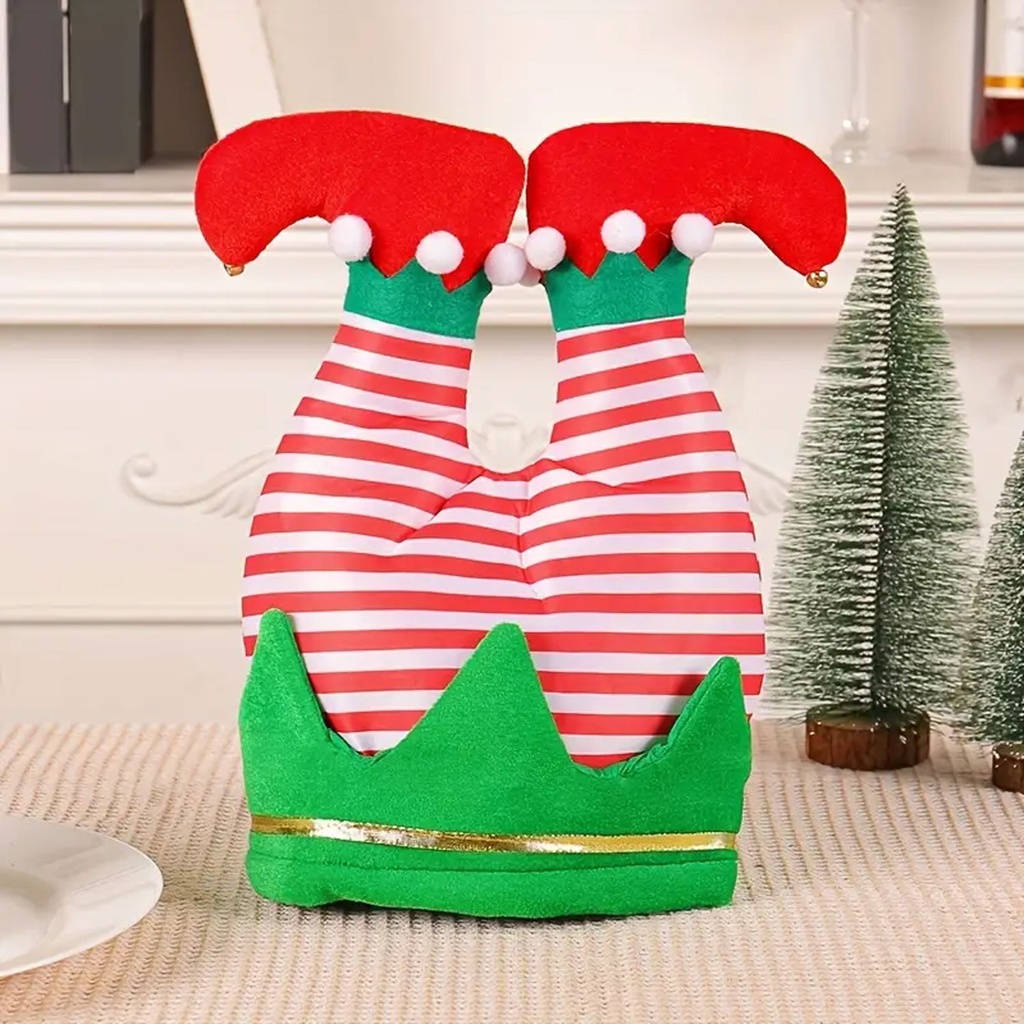 360 HOME CHRISTMAS HAT UPSIDE-DOWN ELF LEGSRED & WHITE STRIPES WITH GREEN BOOT