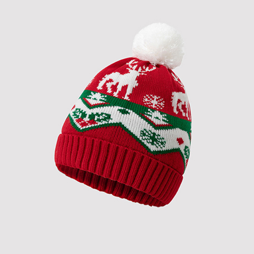 360 HOME CHRISTMAS HAT ELECTRIC BEANIE STYLE KNITTED MATERIAL RED BASE ZIG-ZAG BAND WHITE POMPOM 