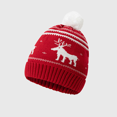 360 HOME CHRISTMAS HAT ELECTRIC BEANIE STYLE KNITTED MATERIAL RED WITH REINDEER DESIGN WHITE+POMPOM