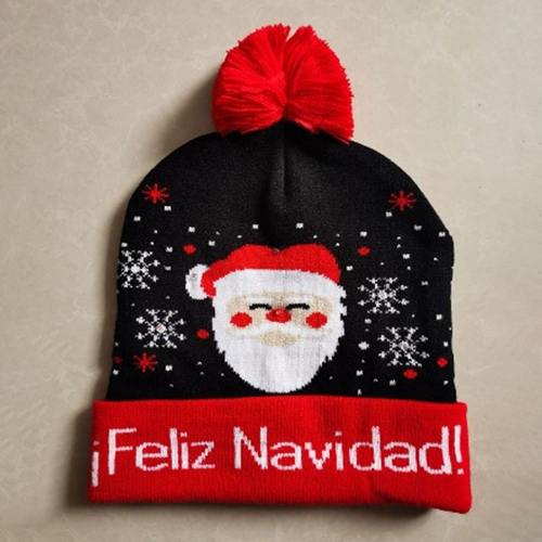 360 HOME CHRISTMAS HAT ELECTRIC BEANIE STYLE KNITTED MATERIAL BLACK BASE WHITE FLAKES+CENTRAL SANTA+FELIZ NAVIDAD ON BRIM