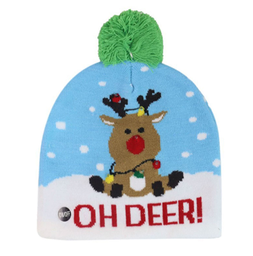 360 HOME CHRISTMAS HAT ELECTRIC BEANIE STYLE KNITTED MATERIAL SKY BLUE BASE+GREEN POMPOM REINDEER+RED "OH DEER"