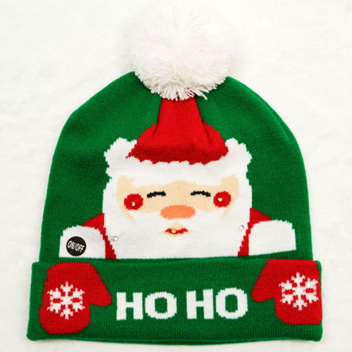 360 HOME CHRISTMAS HAT ELECTRIC BEANIE STYLE KNITTED MATERIAL GREEN BASE SANTA FACE +WHITE POMPOM+ HOHOHO