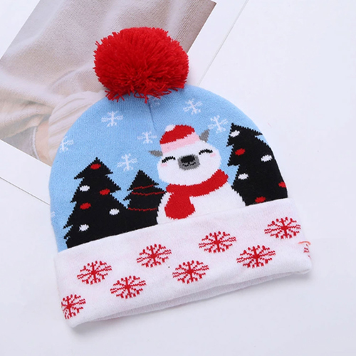 360 HOME CHRISTMAS HAT ELECTRIC BEANIE STYLE KNITTED MATERIAL SNOWMAN+TREES ON BLUE BASE+RED POMPOM