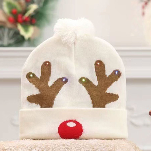360 HOME CHRISTMAS HAT ELECTRIC BEANIE STYLE KNITTED MATERIAL WHITE BASE +REINDEER EARS+RED NOSE+POMPOM