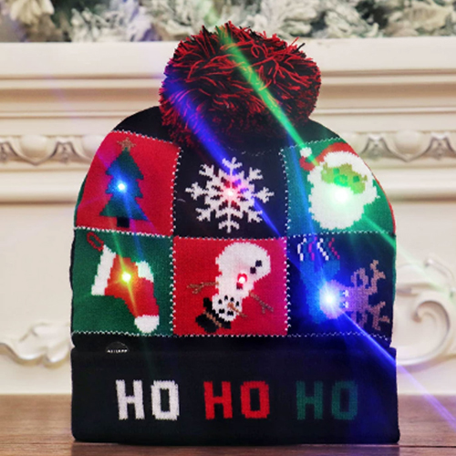 360 HOME CHRISTMAS HAT ELECTRIC BEANIE STYLE KNITTED MATERIAL VARIOUS FESTIVE PATTERN+HOHOHO ON BRIM+POMPOM
