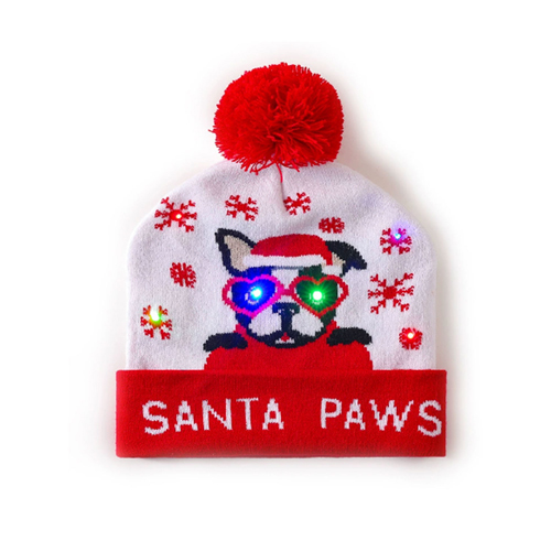 360 HOME CHRISTMAS HAT ELECTRIC BEANIE STYLE KNITTED MATERIAL WHITE BASE+PAWS+RED BRIM & POMPOM