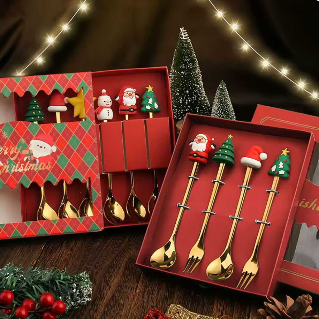 360 HOME CHRISTMAS SPOON & FORK GOLD BOX SET 4PCS WITH MOTIF ON TOP