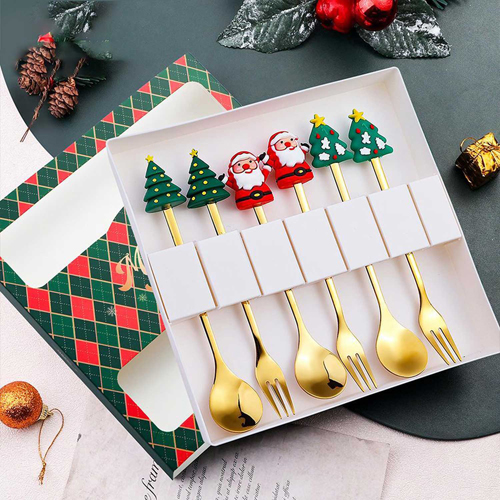 360 HOME CHRISTMAS SPOON & FORK GOLD BOX 18.2*18*2.5CM 198GRS SET 6PCS WITH MOTIF ON TOP