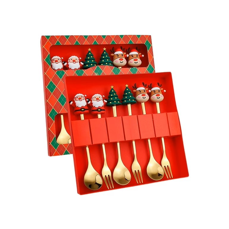 360 HOME CHRISTMAS SPOON & FORK GOLD BOX  18.2*18*2.5CM 198GRS SET 6PCS WITH MOTIF ON TOP