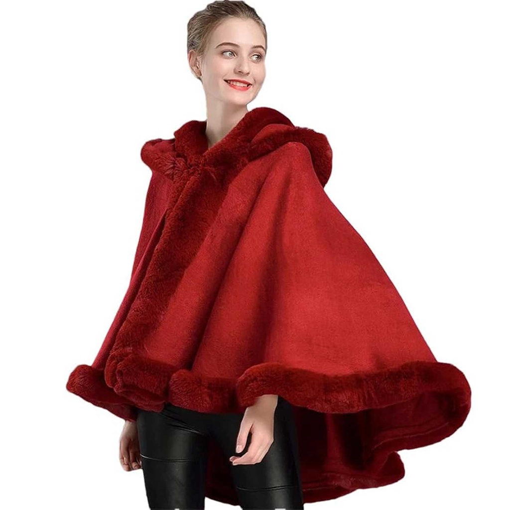 360 COTTON PONCHO WITH A THICK FUR TRIM AROUND THE HOOD OFF-WHITE