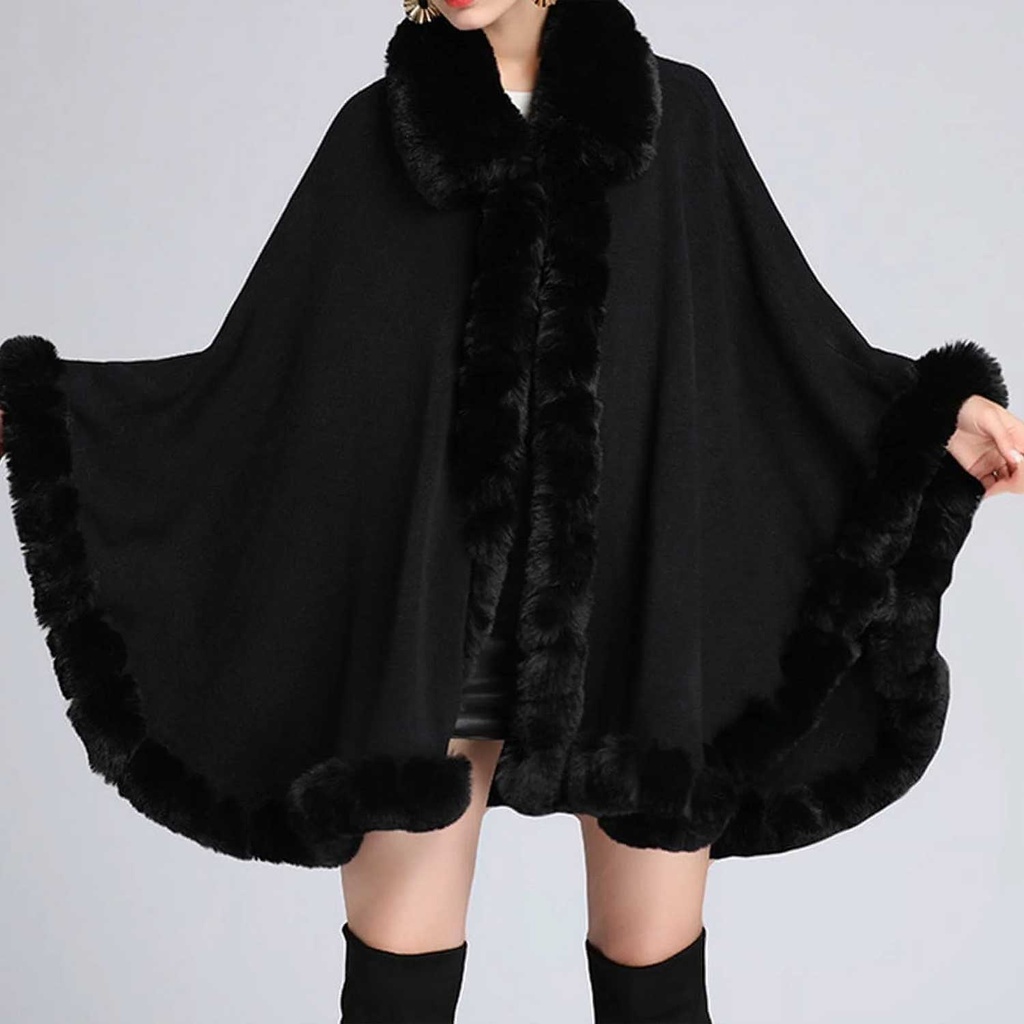 360 COTTON PONCHO OFF-WHIITE OPEN FRONT FAUX FUR COLLAR