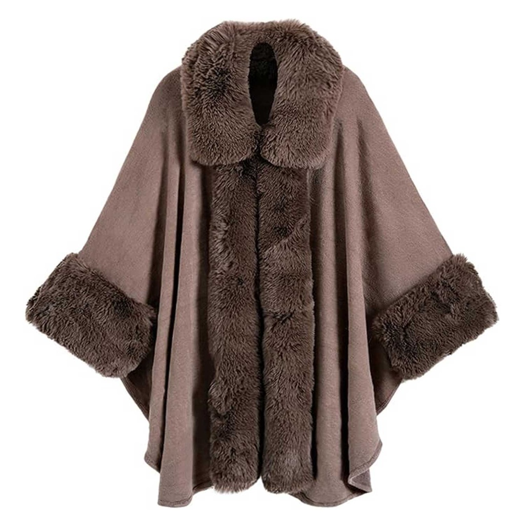 360 COTTON PONCHO GREIGE FAUX FUR TRIM WOOL BLEND PLUSH FUR COLLAR+CUFFS