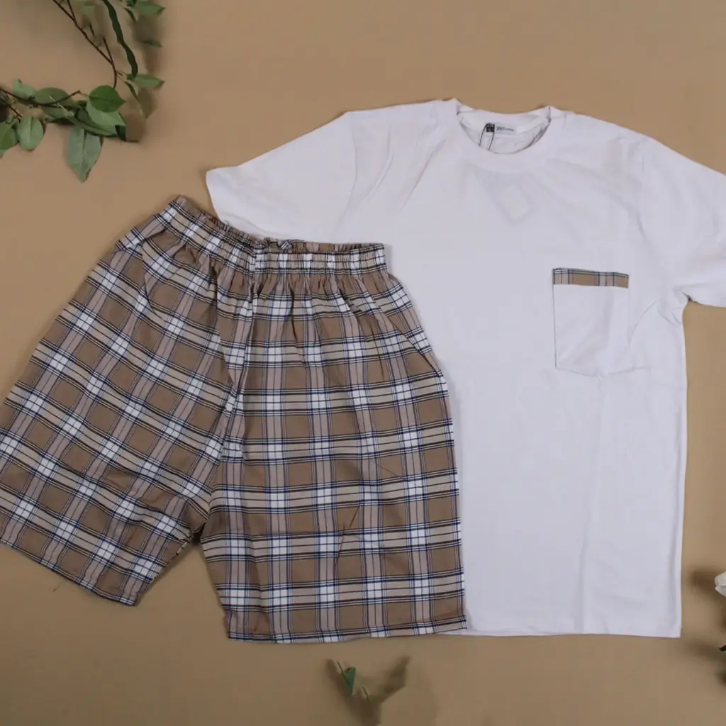 360 COTTON PYJAMA MEN SUMMER  WHITE & BROWN T-SHIRT W/POCKET+PLAID SHORT CHECKERED PATTERN