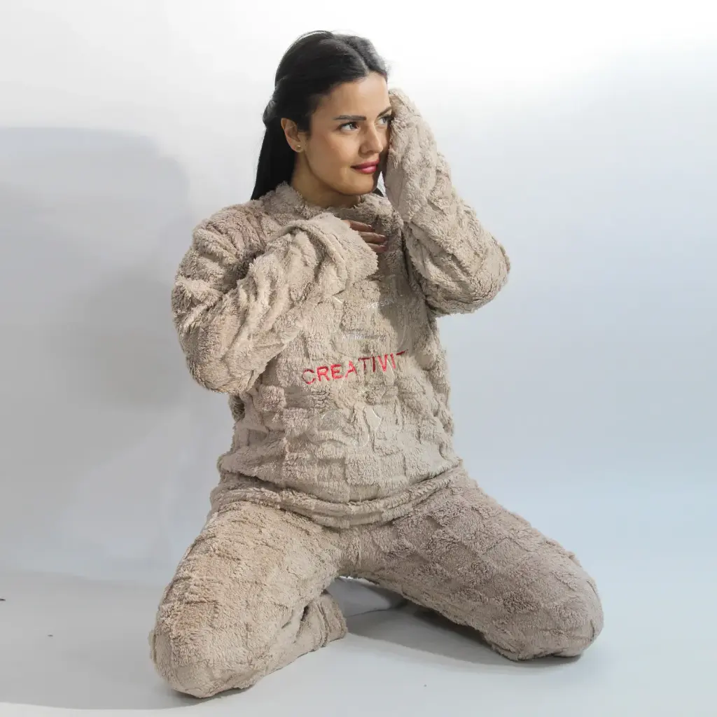 360 COTTON PAJAMA WINTER WOMEN FUZZY FLEECE BEIGE MEDIUM ROUNDED NECKLINE LOOSE MONOCHROME TEXTURED PATTERN