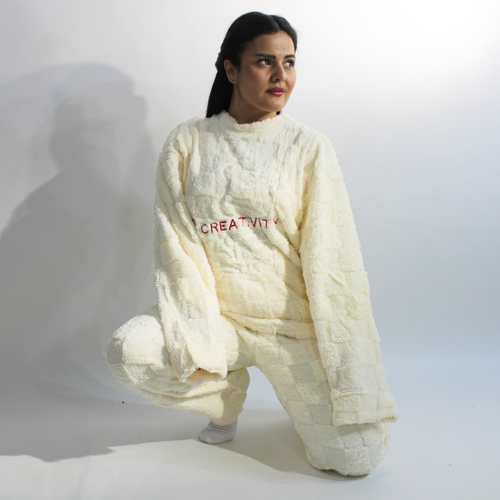 360 COTTON PAJAMA WINTER WOMEN FLEECE WHITE MEDIUM ROUNDED NECKLINE LOOSE MONOCHROME TEXTURED PATTERN