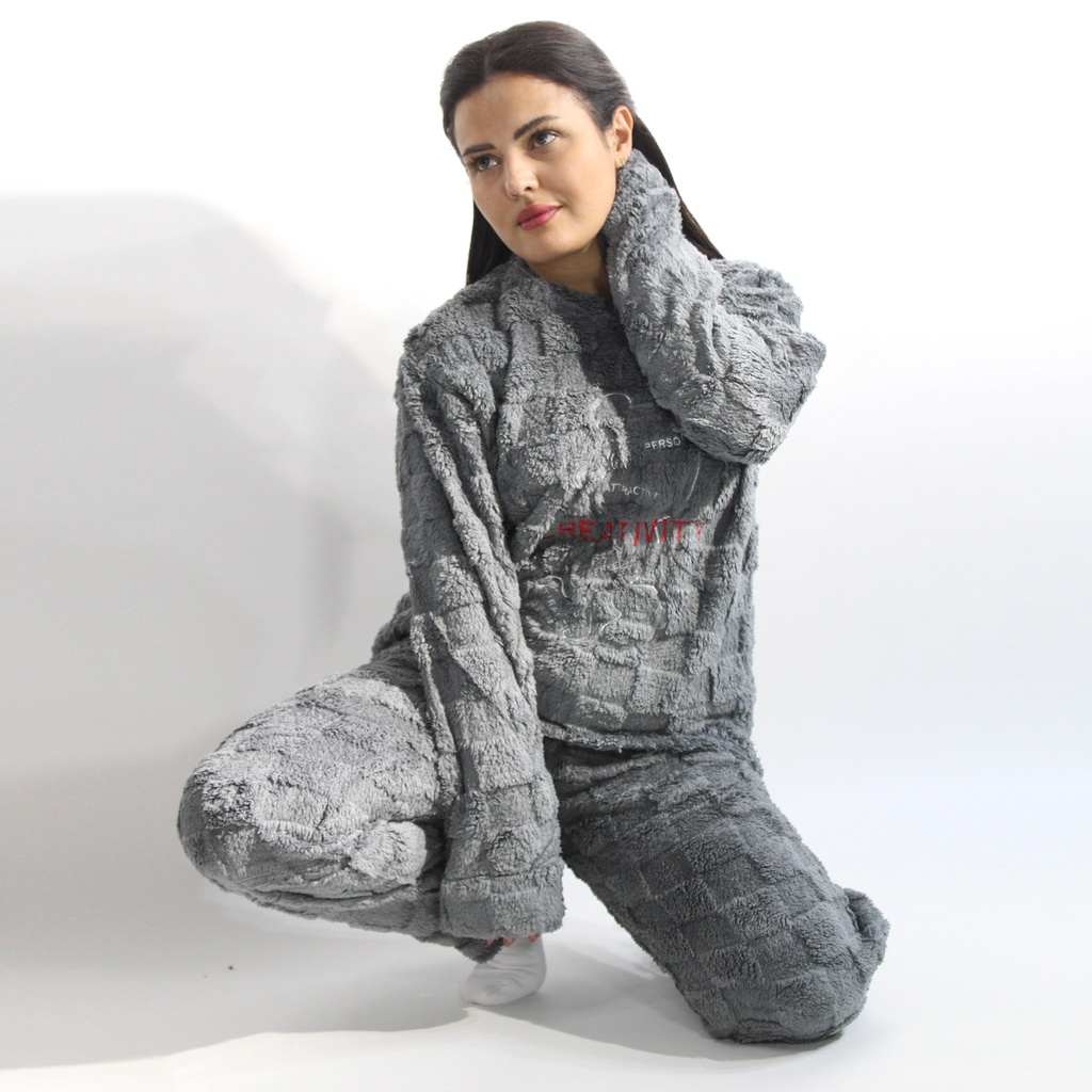360 COTTON PAJAMA WINTER WOMEN FLEECE MEDIUM GREY ROUNDED NECKLINE LOOSE MONOCHROME TEXTURED PATTERN