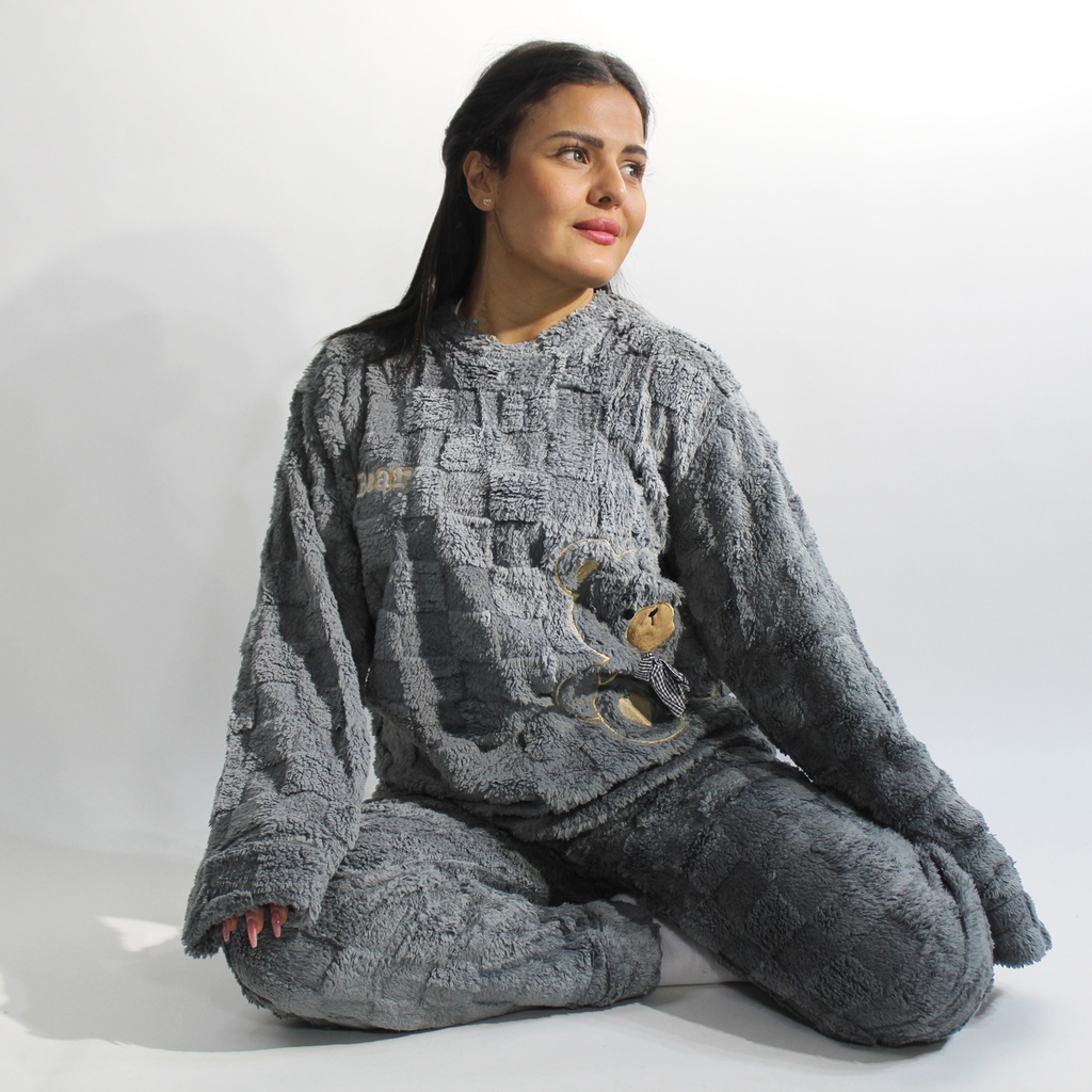 360 COTTON PAJAMA WINTER WOMEN FLEECE DARK GREY QUILTED SQUARE PATTERN GRID-LIKE