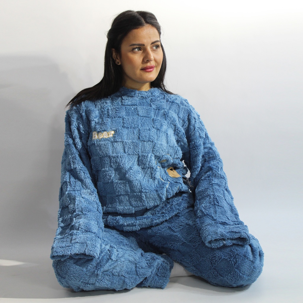 360 COTTON PAJAMA WINTER WOMEN FLEECE BLUE QUILTED SQUARE PATTERN GRID-LIKE