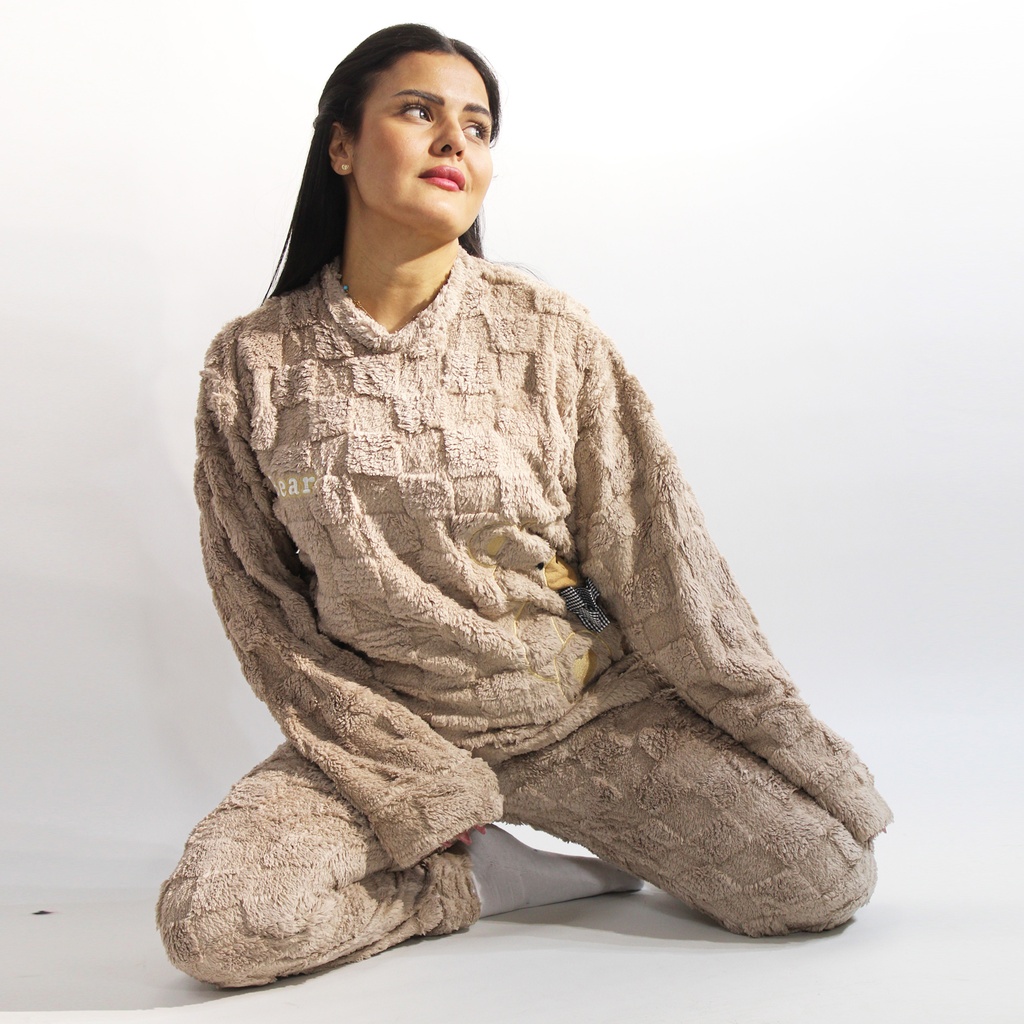 360 COTTON PAJAMA WINTER WOMEN FLEECE BEIGE QUILTED SQUARE PATTERN GRID-LIKE