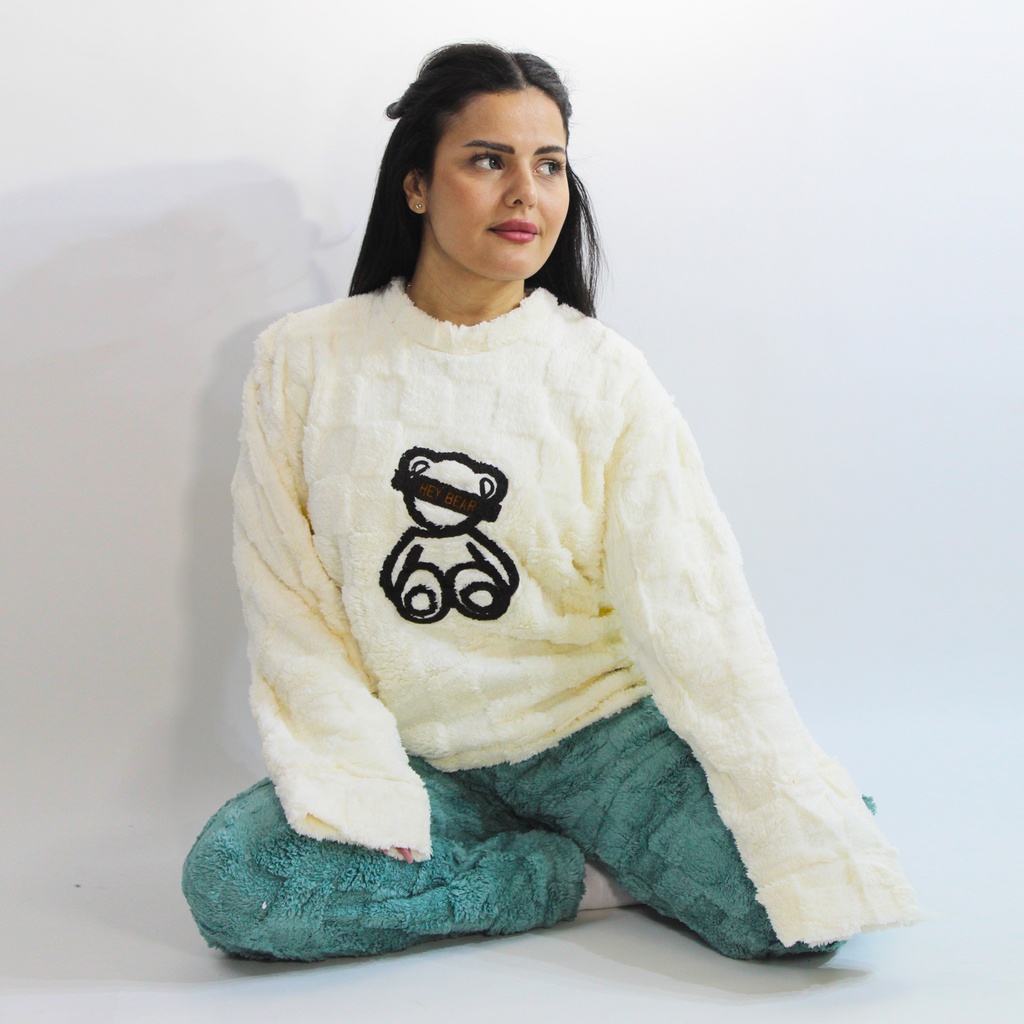 360 COTTON PAJAMA WINTER WOMEN FLEECE OFF-WHITE+GREY GRAPHIC BLACK DROPPED SHOULDER 