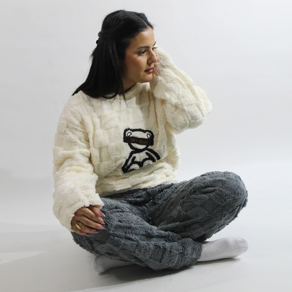 360 COTTON PAJAMA WINTER WOMEN FLEECE OFF-WHITE+GREEN GRAPHIC BLACK DROPPED SHOULDER 