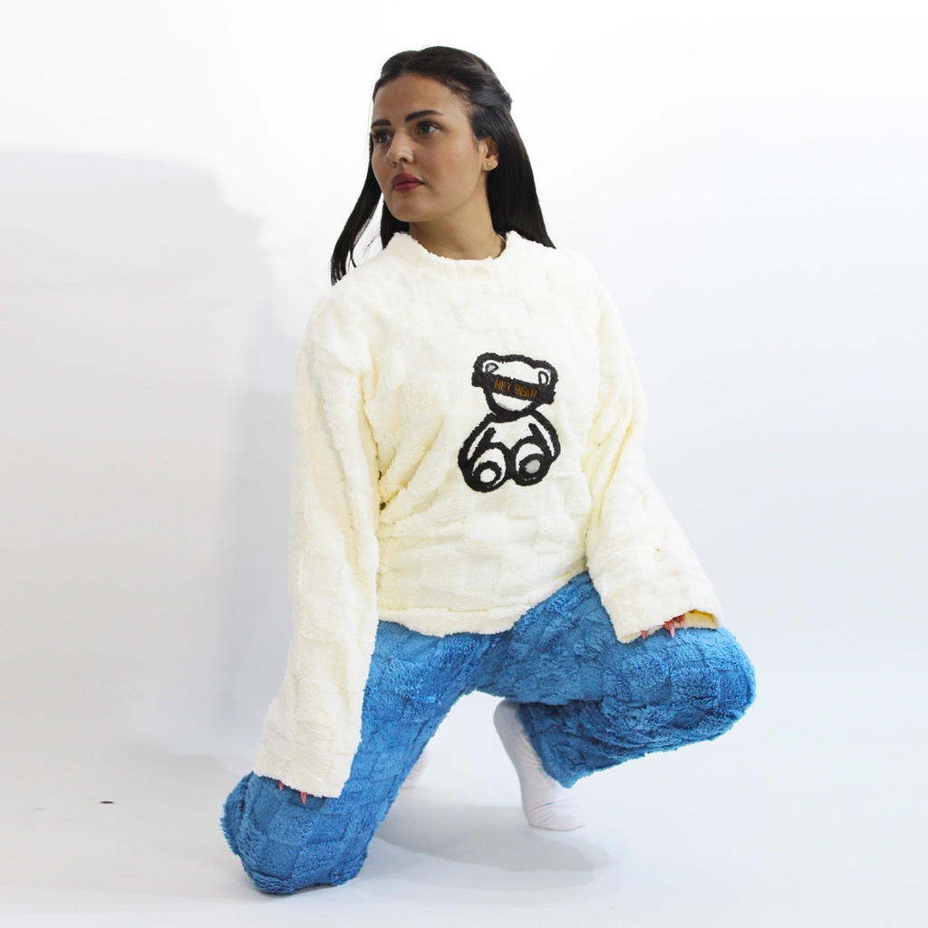 360 COTTON PAJAMA WINTER WOMEN FLEECE OFF-WHITE+BLUE GRAPHIC BLACK DROPPED SHOULDER 