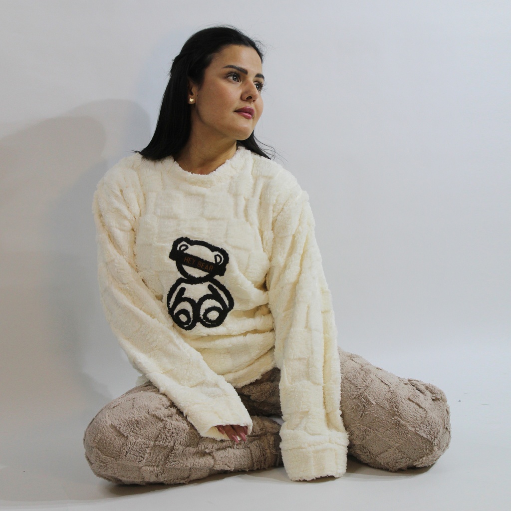 360 COTTON PAJAMA WINTER WOMEN FLEECE OFF-WHITE+BEIGE GRAPHIC BLACK DROPPED SHOULDER 
