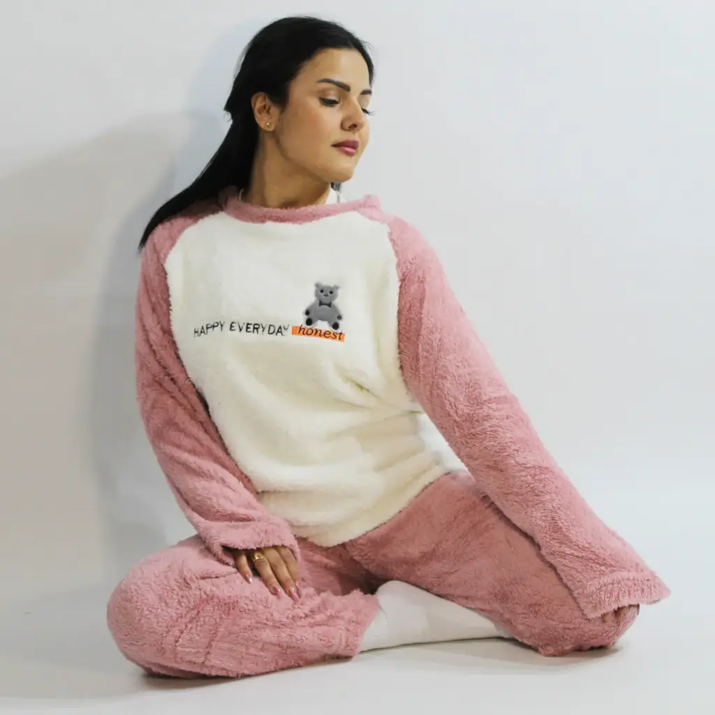 360 COTTON PAJAMA WINTER WOMEN FLEECE CREAM TOP WITH PINK SLEEVES & PANT+GRAPHIC & TEXT