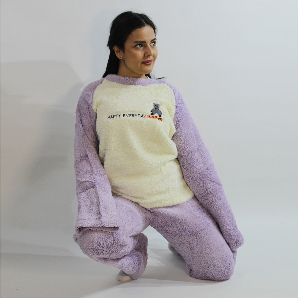 360 COTTON PAJAMA WINTER WOMEN FLEECE CREAM TOP WITH PURPLE SLEEVES & PANT+GRAPHIC & TEXT