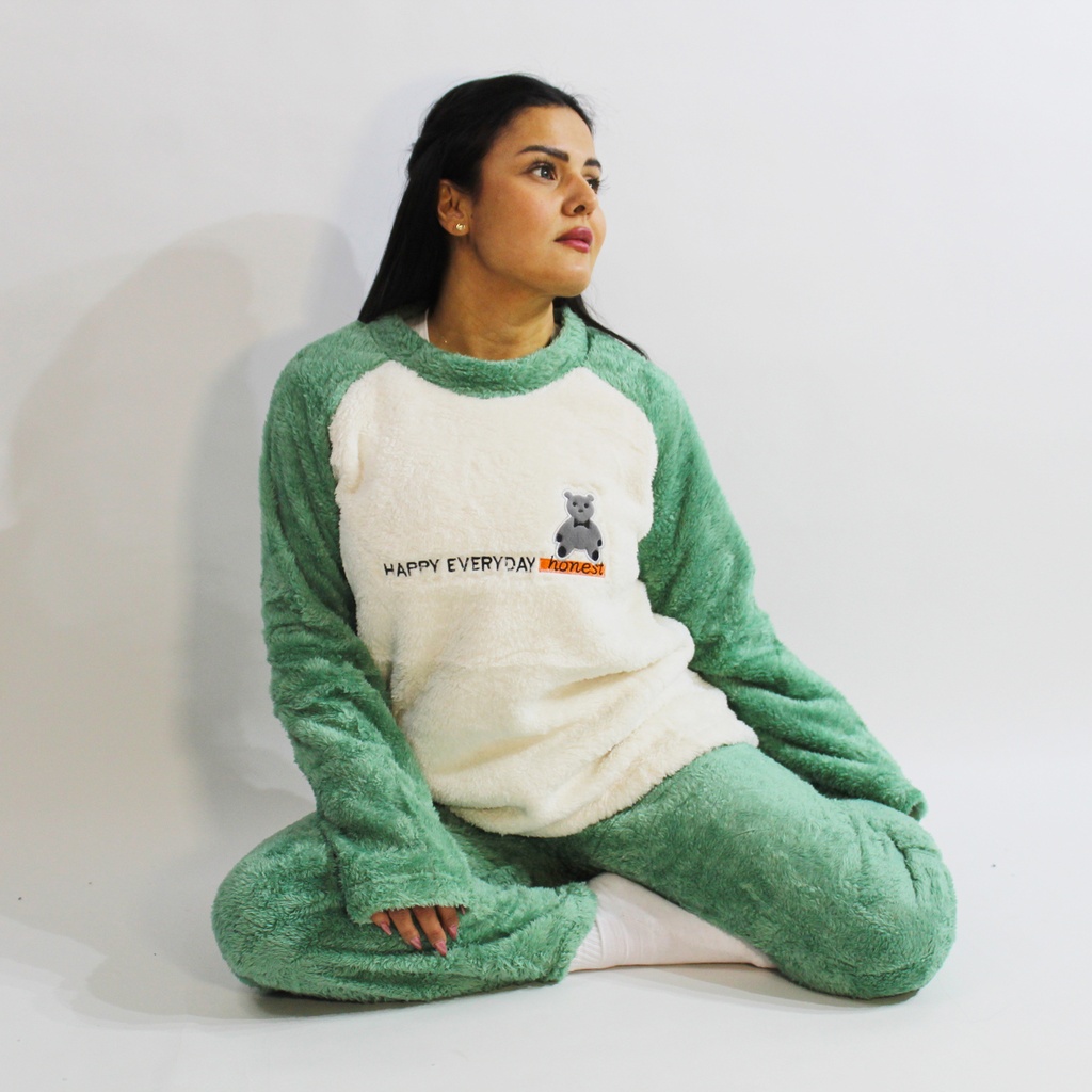 360 COTTON PAJAMA WINTER WOMEN FLEECE  CREAM TOP WITH GREEN SLEEVES & PANT+GRAPHIC & TEXT