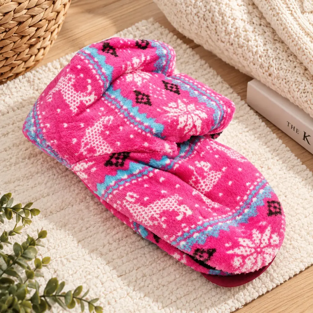 360 COTTON SLIPPER SOCKS FLEECE 26CM FAIR ISLE STYLE PATTERN FLUFFY INNER
