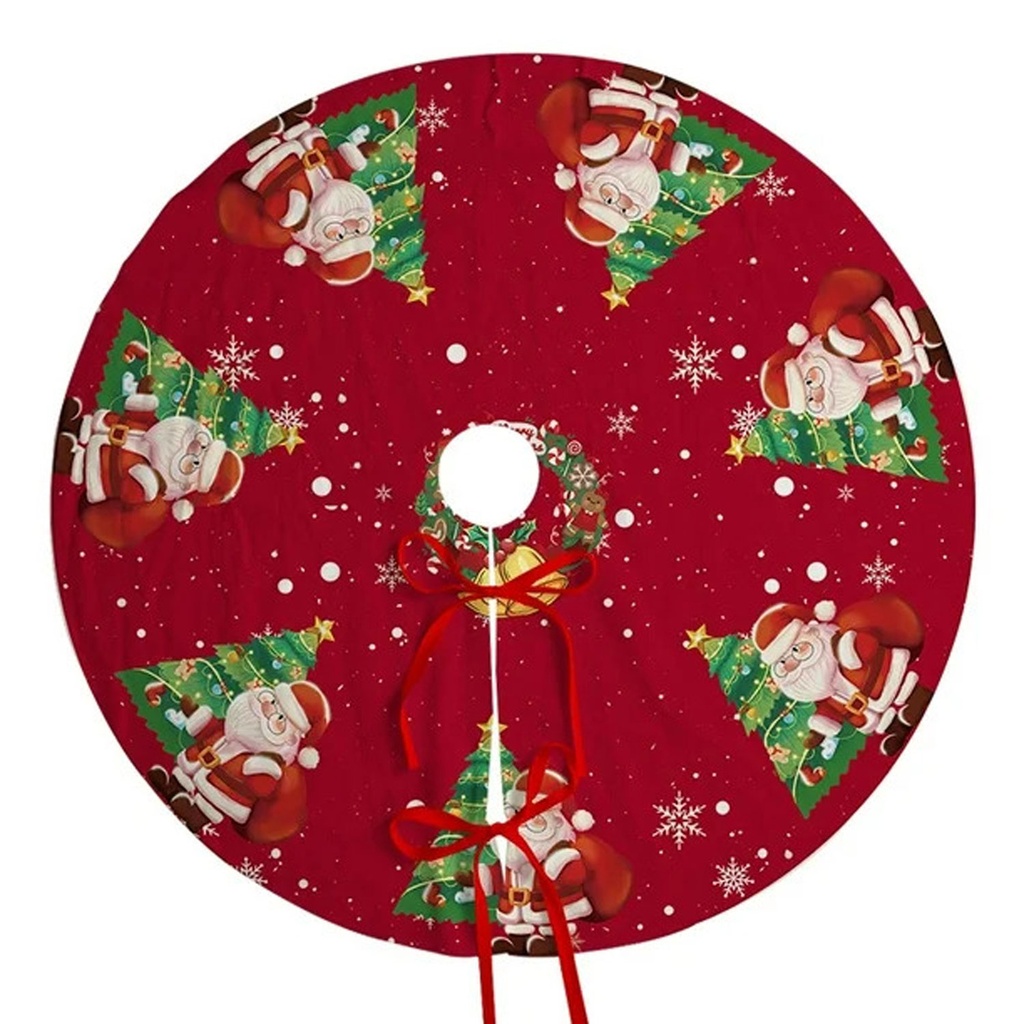 360 HOME CHRISTMAS TREE SKIRT ROUND 20CM POLYESTER CENTER HOLE RED BACKGROUND SANTA CLAUS & TREES PATTERN