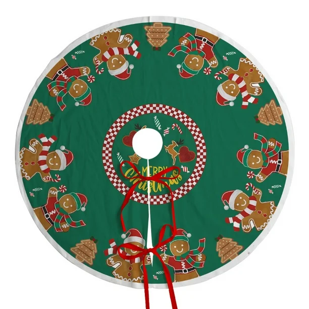 360 HOME CHRISTMAS TREE SKIRT ROUND 20CM POLYESTER  CENTER HOLE GREEN BACKGROUND GINGERMAN WEARING SANTA