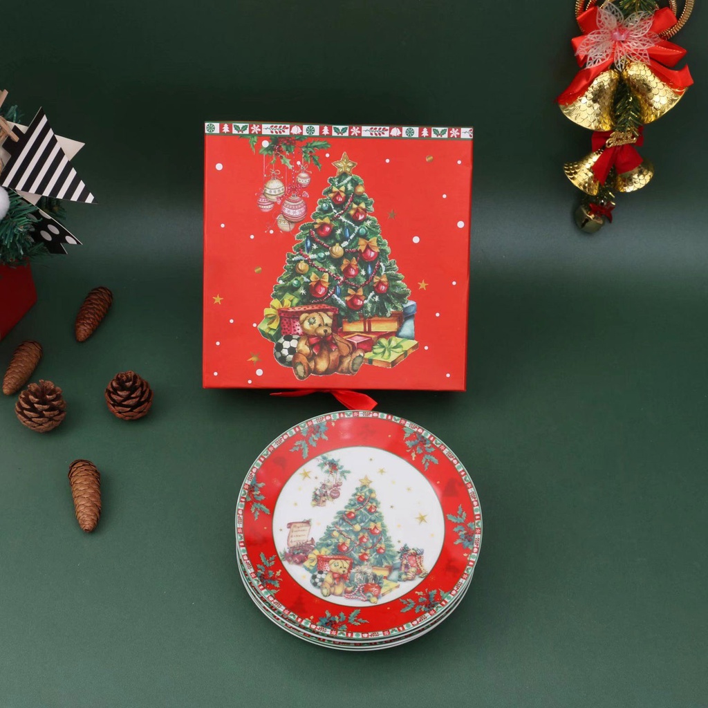 360 HOME CHRISTMAS PLATE DESSERT CERAMIC 10.5"6PCS RED TREE PATTERN