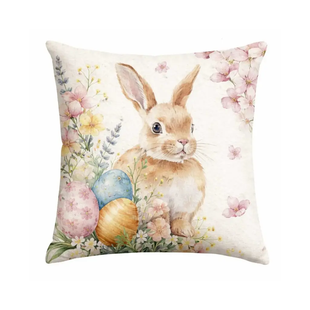 360 HOME EASTER PILLOW CASE 45*45CM OFF-WHITE BACKGROUND RABBIT+EGSS