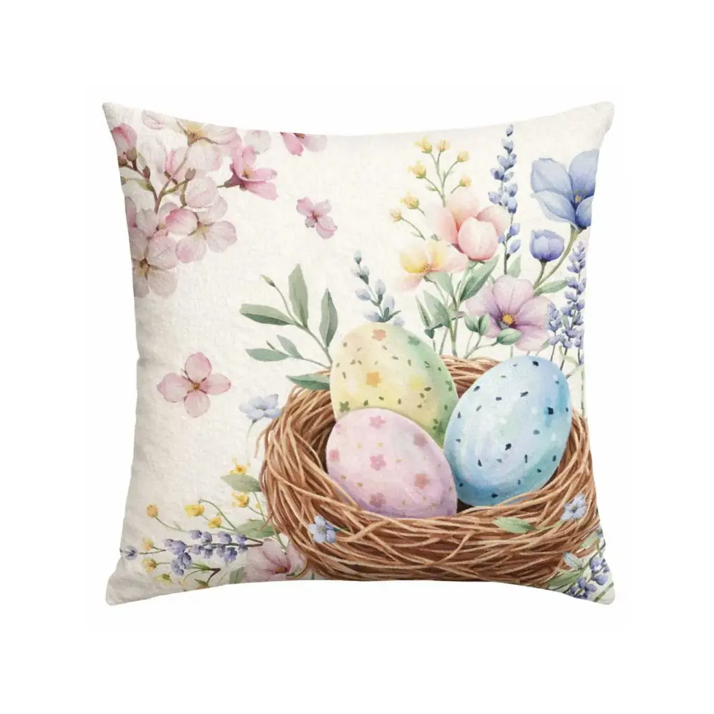 360 HOME EASTER PILLOW CASE 45*45CM OFF-WHITE BACKGROUND EGSS BASKET PASTEL COLORS