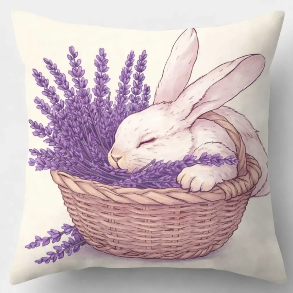 360 HOME EASTER PILLOW CASE 45*45CM OFF-WHITE BACKGROUND RABBIT+LAVENDER
