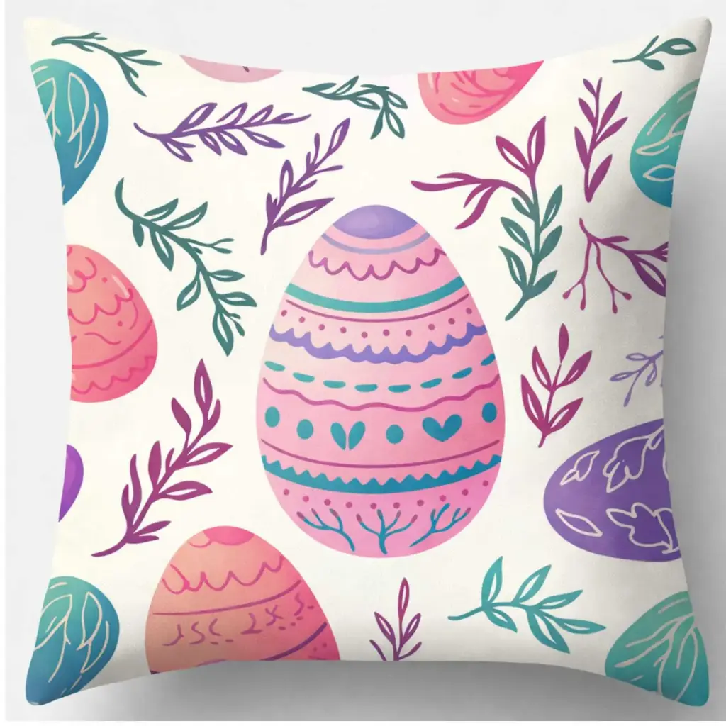 360 HOME EASTER PILLOW CASE 45*45CM WHITE BACKGROUND+PASTEL COLRED EGSS