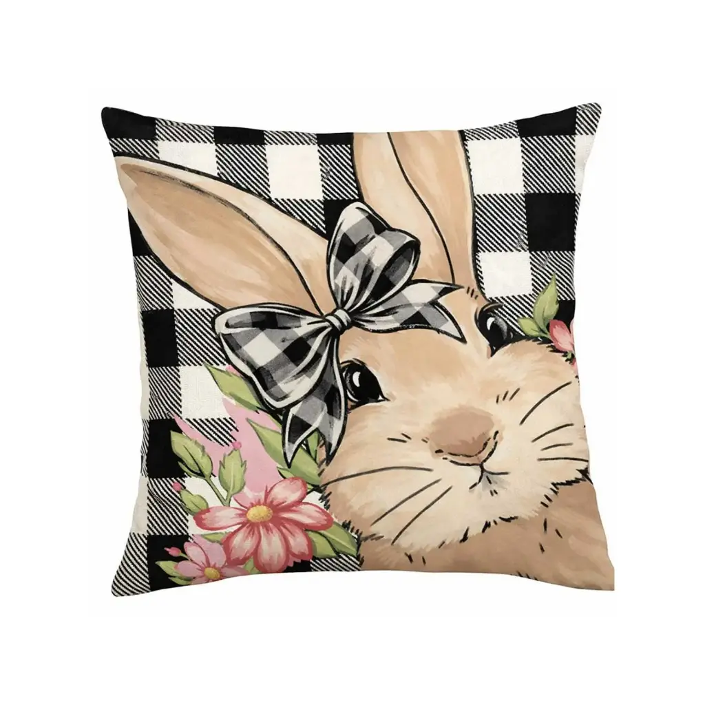 360 HOME EASTER PILLOW CASE 45*45CM ILLUSTRATED BUNNY BLACK & WHITE PLAID BOW & BACKGROUND